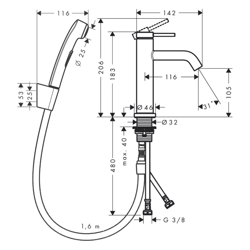 Hansgrohe TECTURIS S змішувач для умивальника 110, одноважільний, з гігієнічною лійкою, колір хром, (73211000)