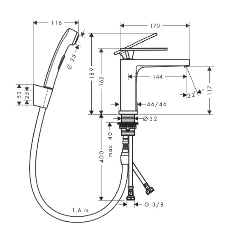 Hansgrohe TECTURIS S змішувач для умивальника 110, одноважільний, з гігієнічною лійкою, колір чорний матовий, (73210670)