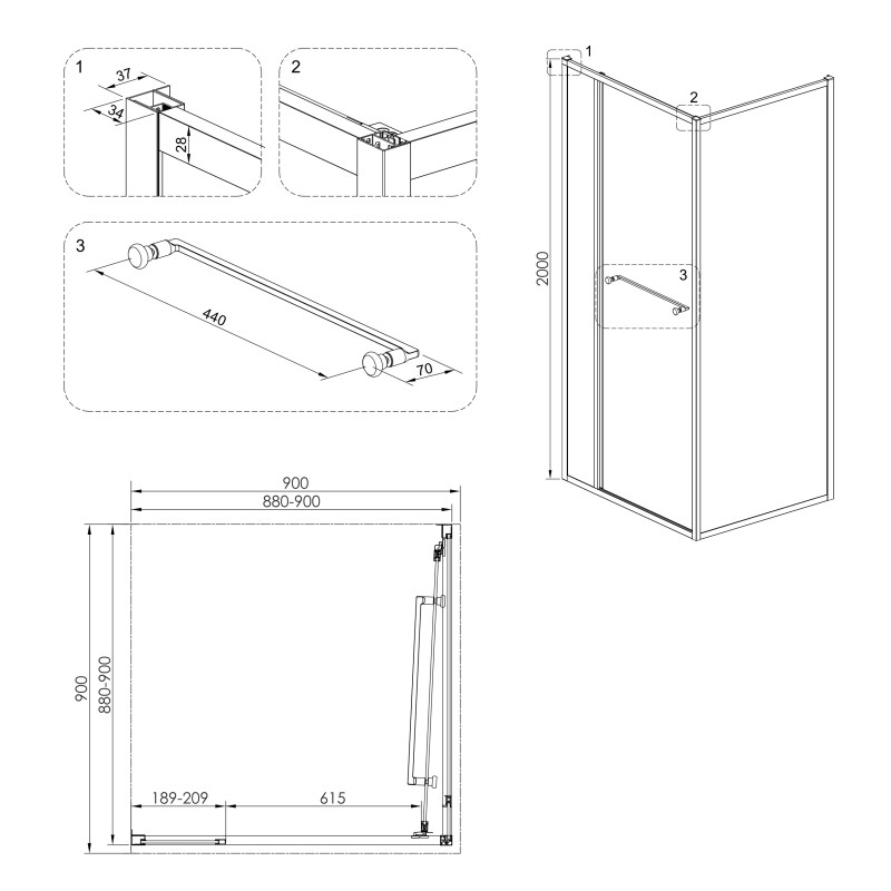 VOLLE CRUZE душова кабіна 90*90*200см, тип дверей COME IN, чорний профіль, прозоре скло, (1047.124704)