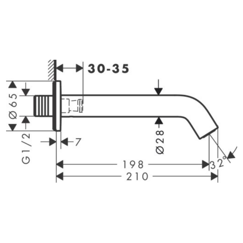 Hansgrohe TECTURIS S излив на ванну, выступ 210мм, настенный монтаж, цвет хром, (73411000)