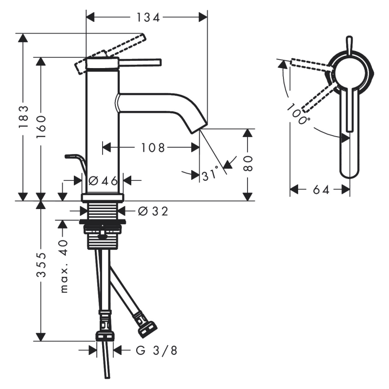 Hansgrohe TECTURIS S смеситель для умывальника 80, однорычажный, CoolStart, pop-up, цвет шлифованная бронза, (73302140)