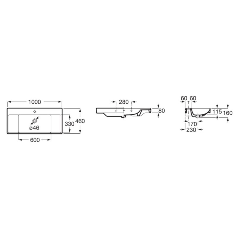 ROCA ONA умывальник 100x46x16 см, прямоугольный, с отверстием под смеситель, Fineceramic, (A32768A000)
