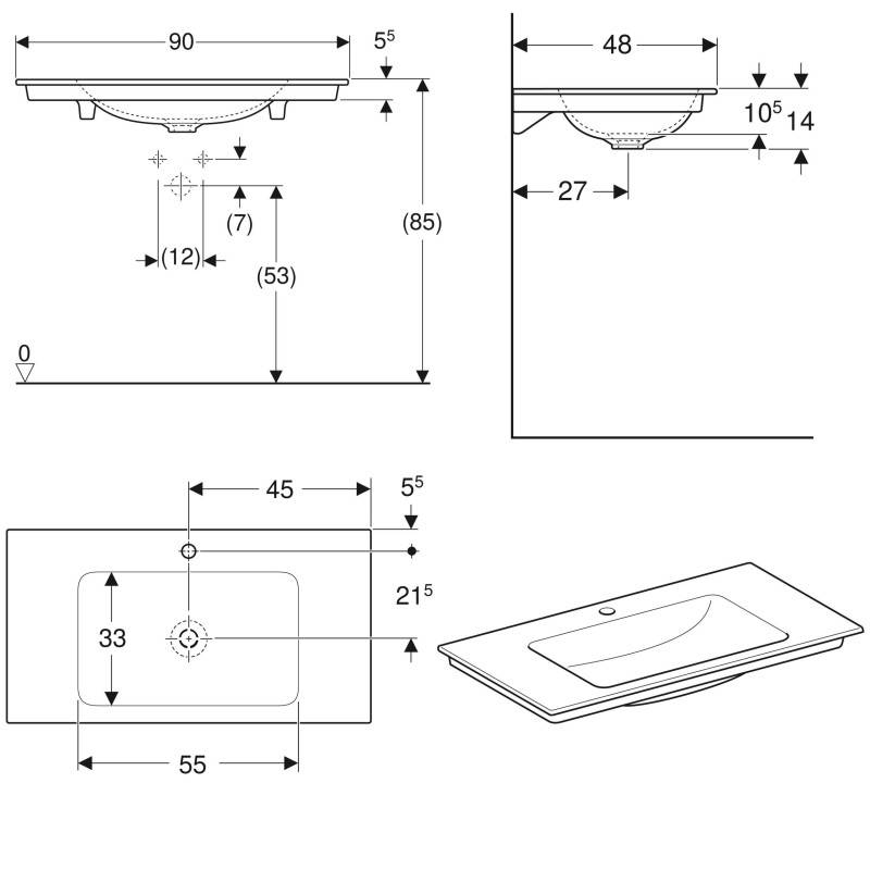 Geberit ONE умывальник встраиваемый, 90 см, вертикальный выпуск, отверстие для смесителя в центре, без перелива, белый, (505.010.01.3)