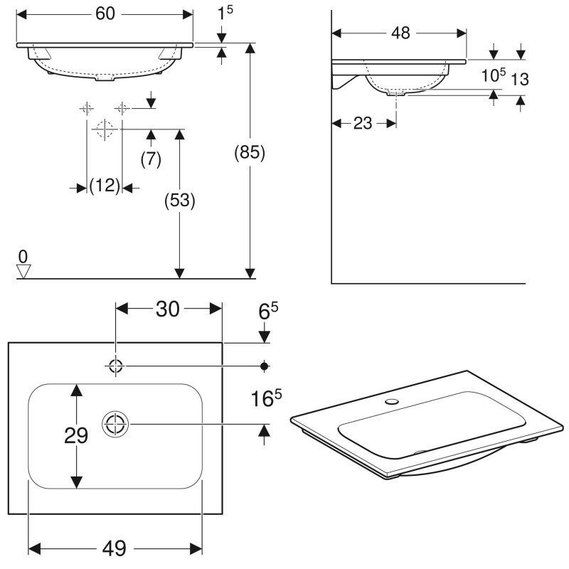 Geberit ICON умивальник вбудований, 60см, отвір для змішувача в центрі, без переливу, білий, (501.843.00.1)