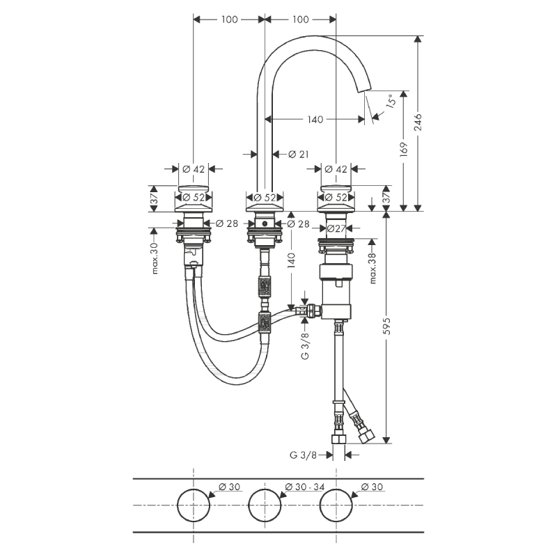 Axor ONE смеситель для умывальника на 3 отв Select 170, со сливным гарнитуром, цвет хром, (48070000)