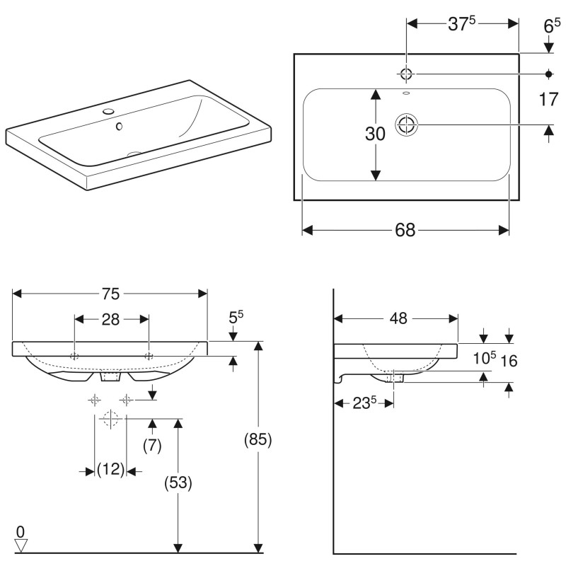 Geberit ICON LIGHT умивальник 75*48 см, з отвіром для змішувача в центрі , з переливом , білий, (501.835.00.1)