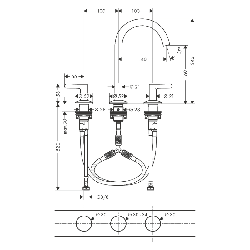 Axor ONE t смеситель для умывальника 170 на 3отв, цвет хром, (48050000)