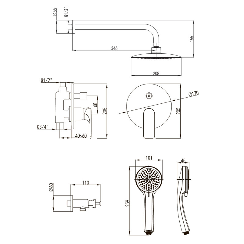 IMPRESE LEDNICE система душевая скрытого монтажа (смеситель 2 функции, душ 208 мм ABS круг, ручной душ 101 мм 3 режима, стеновое подкл., шланг PVC), хром, (t03007901BA)