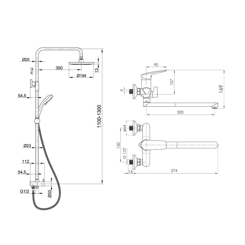 IMPRESE душовий набір, змішувач для ванни PRAHA new, душова система без змішувача (35030 new+T-15084), хром, (SET20220124)