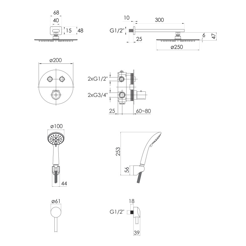 IMPRESE система душова, прихований монтаж, термостат з кнопками CENTRUM, верхній душ Ø250мм (S250SS6+S1011001+SH01-300B+VRB-15410Z+HC01), хром, (SET20220106)