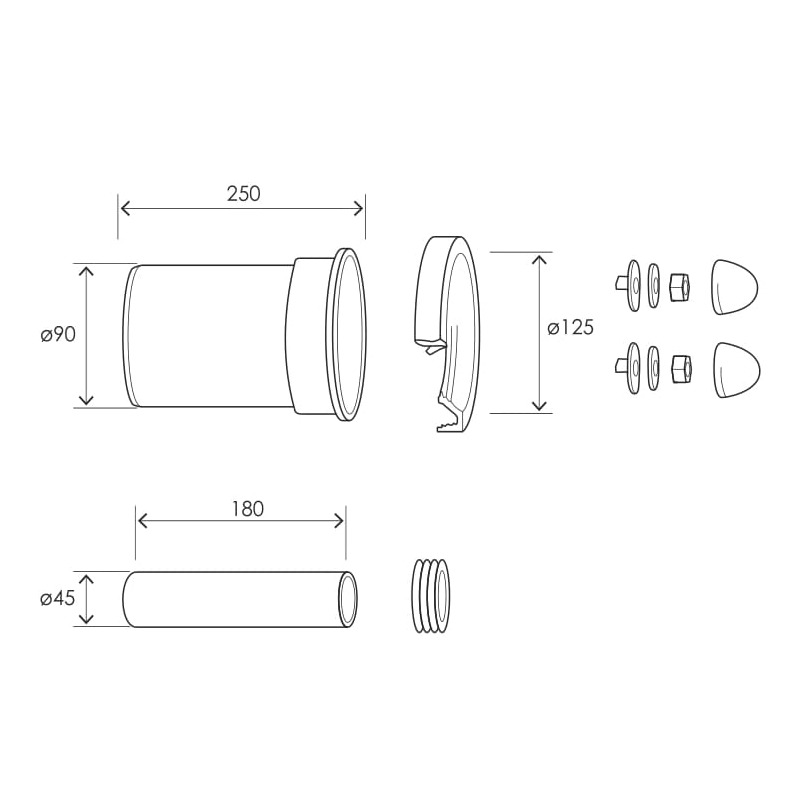 IMPRESE комплект патрубків підвісного унітазу, наливна труба Ø45 180мм, зливна труба Ø90 250мм, гайки, кришки, (IN037137)