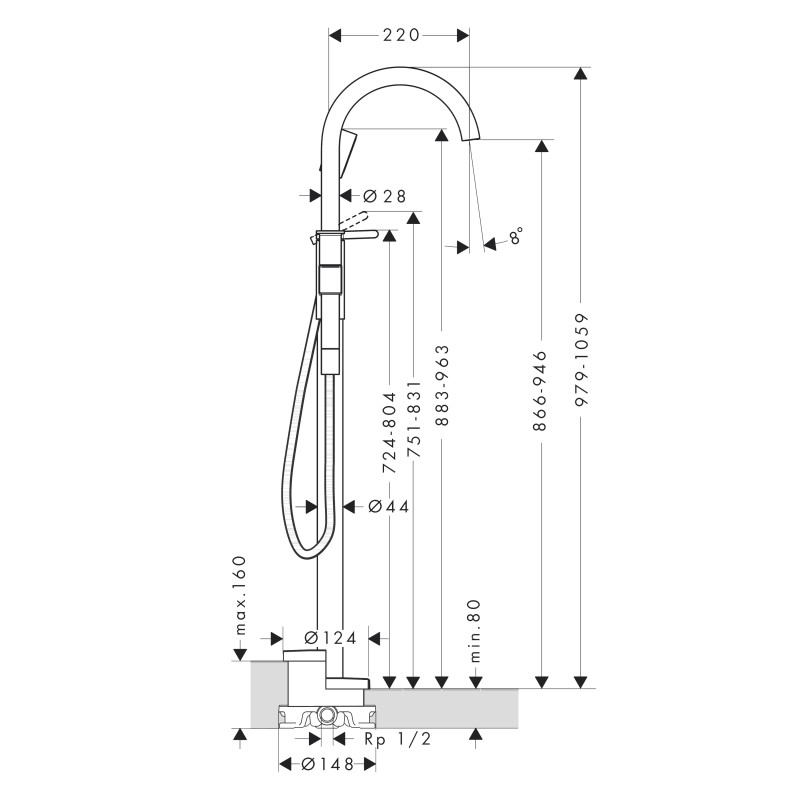 Axor ONE смеситель для ванны, однорычажный, напольный, шлифованная бронза, (48440140)