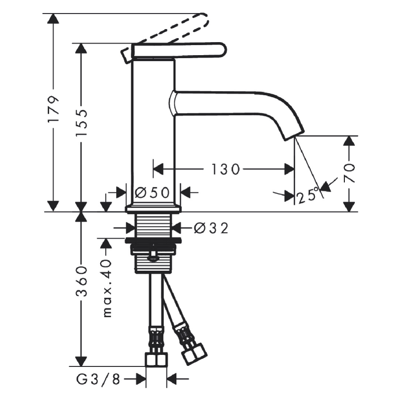 Axor ONE смеситель для умывальника 70, однорычажный, со сливным гарнитуром, черный матовый, (48001670)