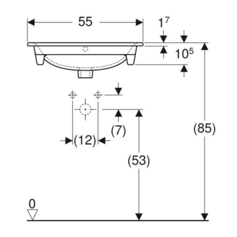 Geberit SELNOVA SQUARE умивальник 55*53,8*48см, вбудований,отвір під змішувач у центрі, перелив, (500.993.00.1)