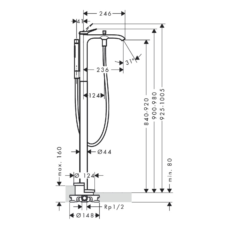 Hansgrohe VIVENIS смеситель для ванны, однорычажный, напольный, белый матовый, (75445700)