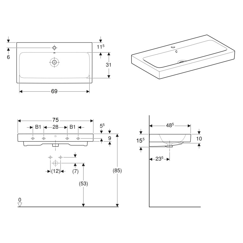 Geberit Умывальник ICON 124078000, белый, (124078000)
