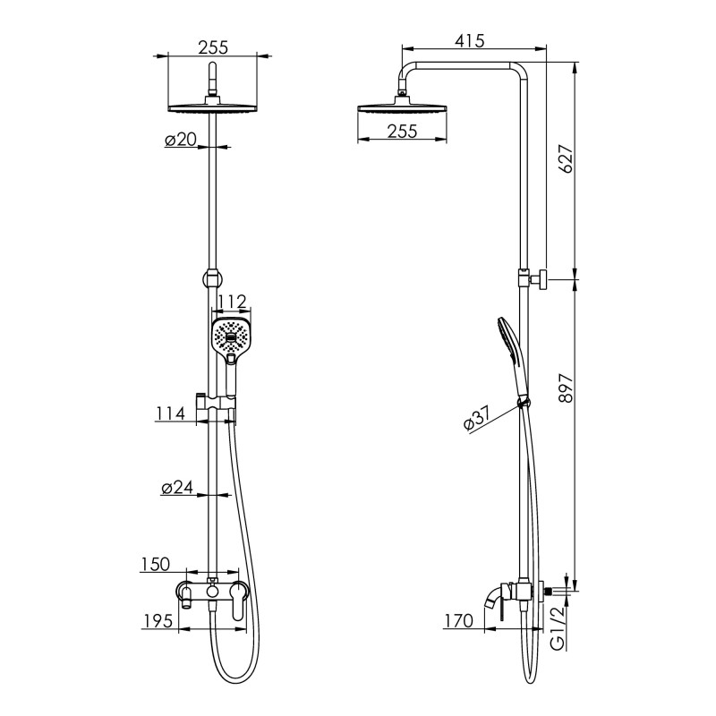 IMPRESE BILA DESNE система душова (змішувач для ванни, верхній душ 255 мм ABS квадрат, ручний душ 112 мм 3 режими, шланг 170 см), білі кришки, хром, (T-10305SQ)