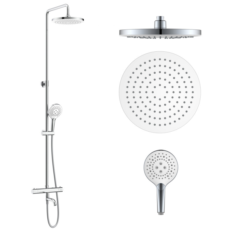 IMPRESE CENTRUM SR система душова (термостат для ванни, верхній душ 255 мм ABS коло, ручний душ 130 мм 3 режими, шланг 170 см) білі кришки, хром, (T-10261SR)
