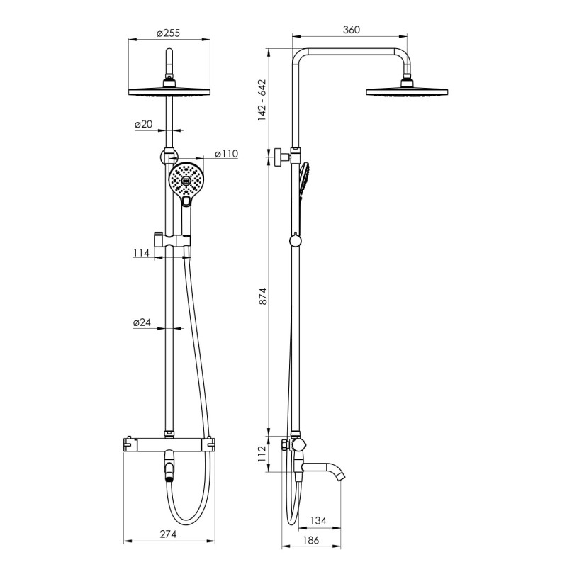 IMPRESE CENTRUM SR система душова (термостат для ванни, верхній душ 255 мм ABS коло, ручний душ 130 мм 3 режими, шланг 170 см) білі кришки, хром, (T-10261SR)