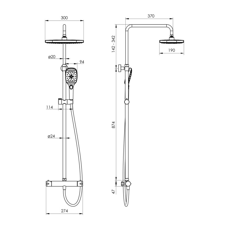 IMPRESE CENTRUM SQ система душова (термостат для душа, верхній душ 300*190 мм ABS, ручний душ 94 мм 3 режими, шланг 170 см) білі кришки, хром, (T-15300SQ)