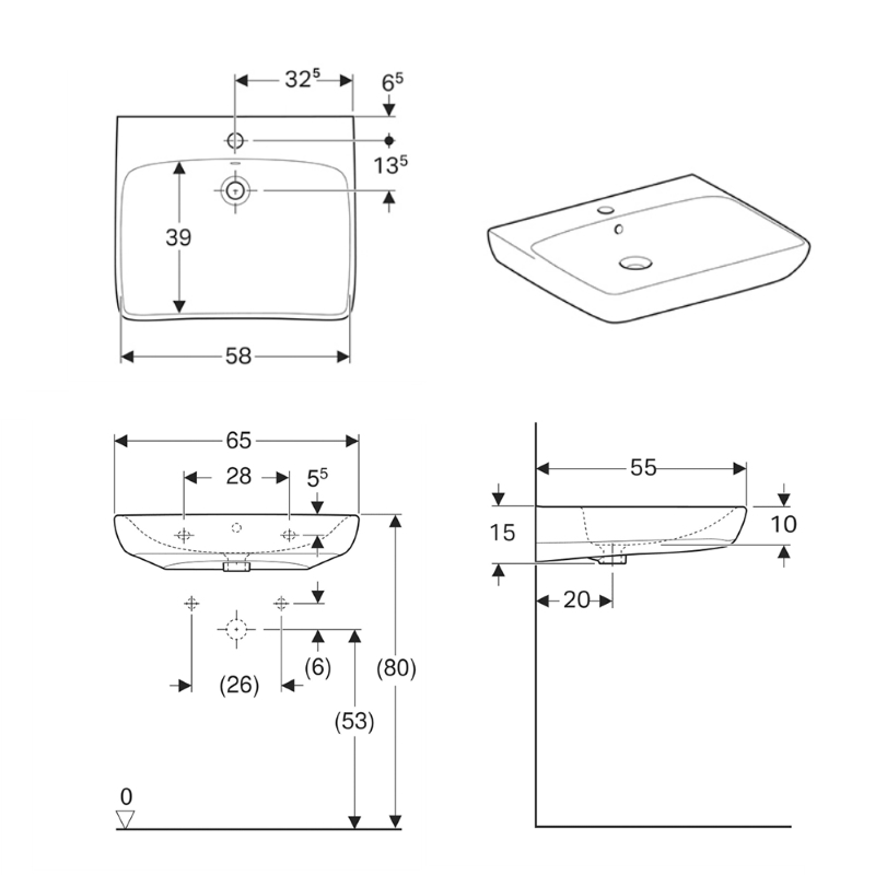 Geberit SELNOVA Comfort умивальник 65 * 55см, для людей з обмеженими можливостями, з отв. під змішувач в центрі, перелив видимий, (500.292.01.1)