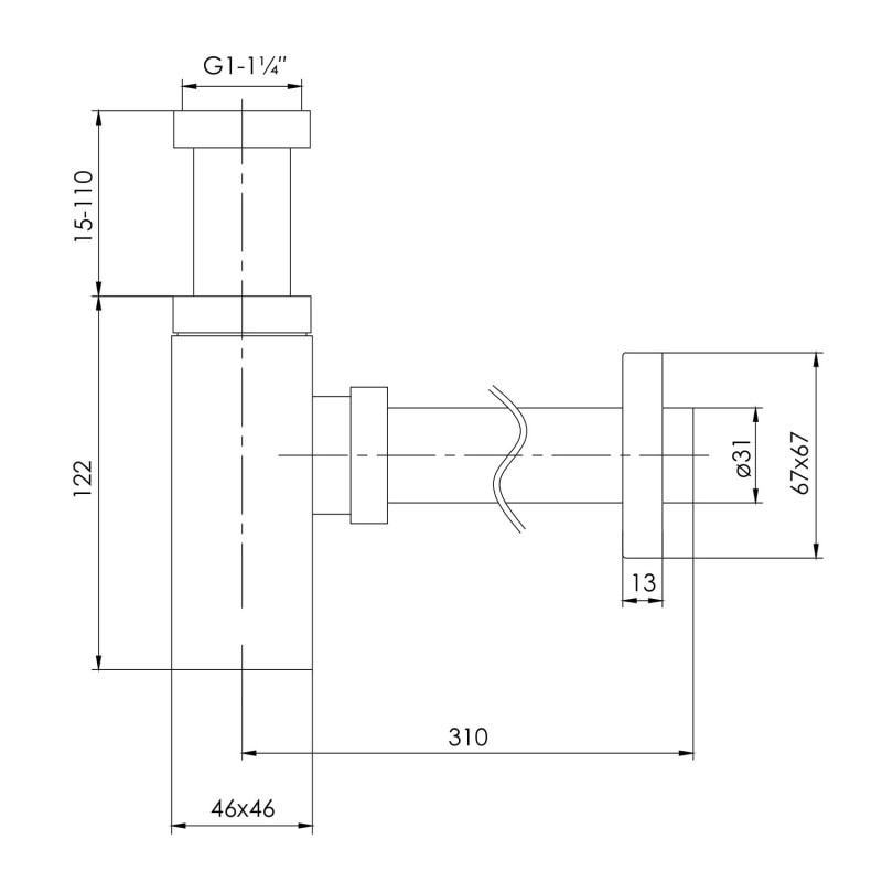 IMPRESE Сифон для умивальника колбовий, квадрат, без донного клапана, латунь, хром, 1 1/4, патрубок Ø32 мм, (SBS000000132)