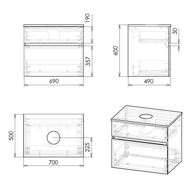 IMPRESE BLATNA L комплект меблів 70см, білий: тумба підвісна, зі стільницею, 2 ящики + умивальник накладний, (f32708W)