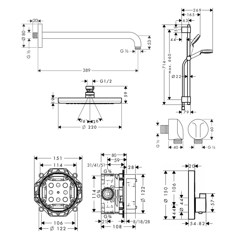 Hansgrohe SELECT душовий набiр (27413000+26464000+15743000+01800180+27353400+27454000), (15743111)
