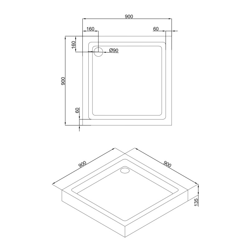 IMPRESE піддон квадратний 90*90см акриловий з формованою панеллю, в комплекті з сифоном антизапах, (TRS9090)