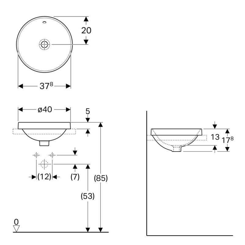 Geberit VARIFORM умывальник встраиваемый в столешницу, круглый, Ø40см, без отверстия, с переливом, (500.701.01.2)