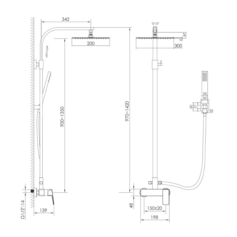 IMPRESE GRAFIKY система душова (змішувач для душа, душ 300*200 мм, лійка стік 1 режим, шланг 1700 мм SS), хром, (ZMK061901090)