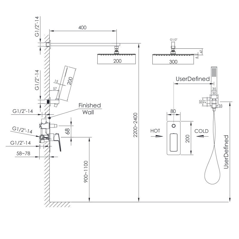 IMPRESE GRAFIKY система душова прихованого монтажу (змішувач 2 функції, душ 300*200 мм, лійка стік 1 режим, шланг 1500 мм SS), хром, (ZMK061901110)