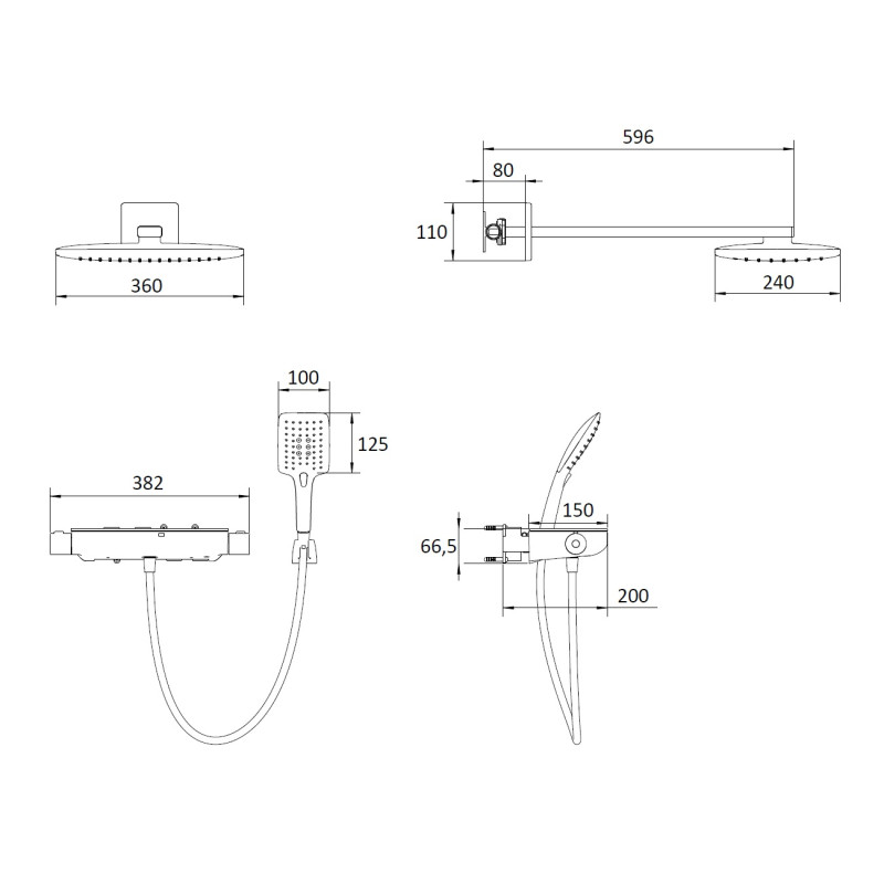 IMPRESE CENTRUM SQP комплект з термостатом (чорна панель, верхній і ручний душ 3 режими, шланг полімер), (VR-15610B)