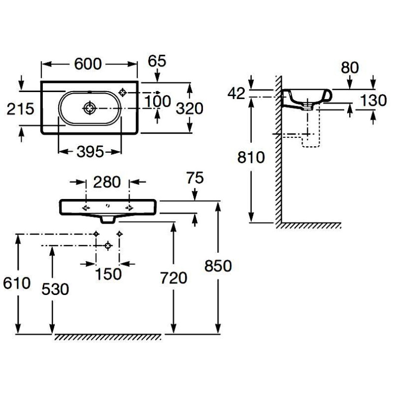 ROCA Н-МЕРІДІАН умивальник 600 * 320, відвед. праве (в уп.), (A32724T000)