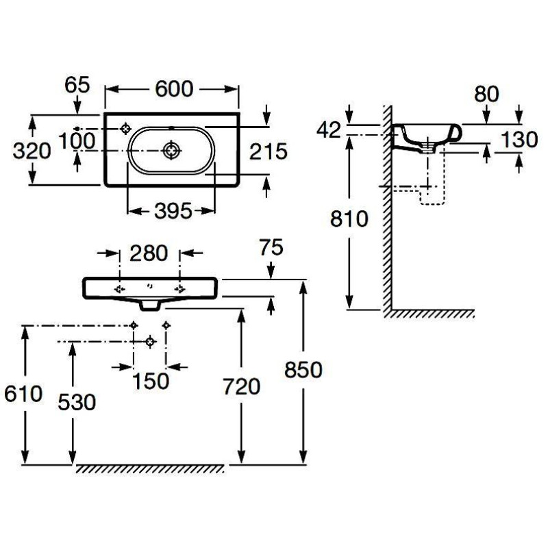 ROCA Н-МЕРІДІАН умивальник 600 * 320, відвед. ліве (у уп.), (A32724X000)