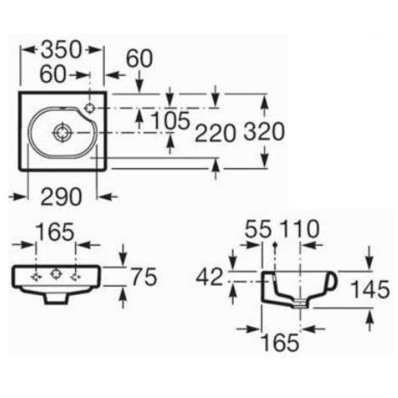 ROCA Н-МЕРІДІАН умивальник 350 * 320, відвед. праве (в уп.), (A327249000)
