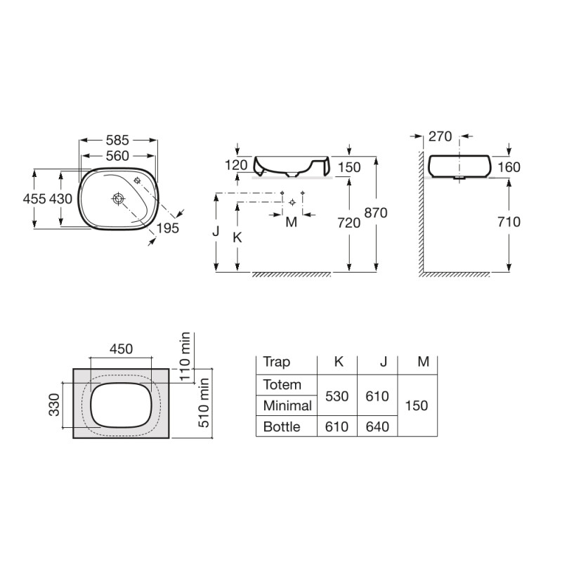 ROCA BEYOND раковина-чаша FINECERAMIC, розмір 585х450, монтується на стільницю, з отвором для змішувача, без перелива, з комплектом кріплень, (A3270B8000)