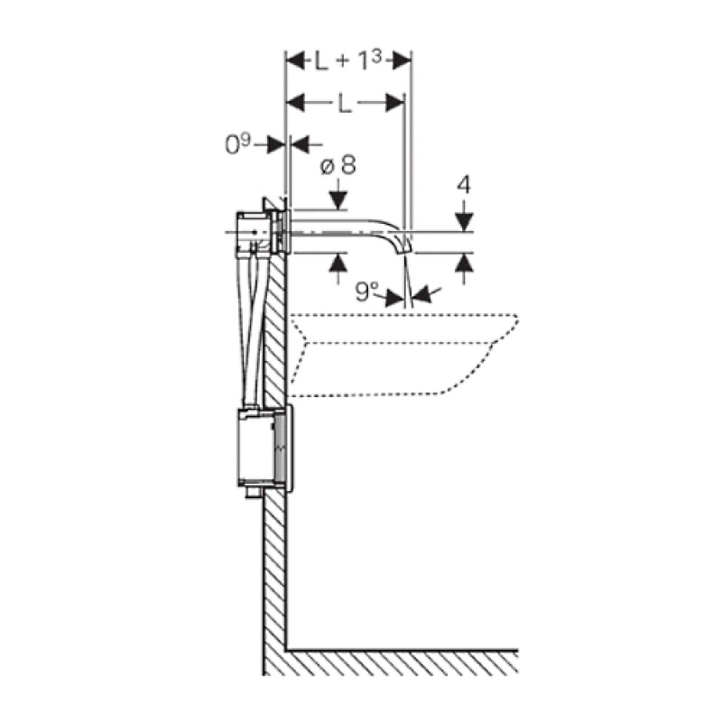 Geberit PIAVE Змішувач безконтактний, настінний, від батареї, для прихованого функціонального блоку, з міксером, L17см,хром глянцевий, (116.264.21.1)