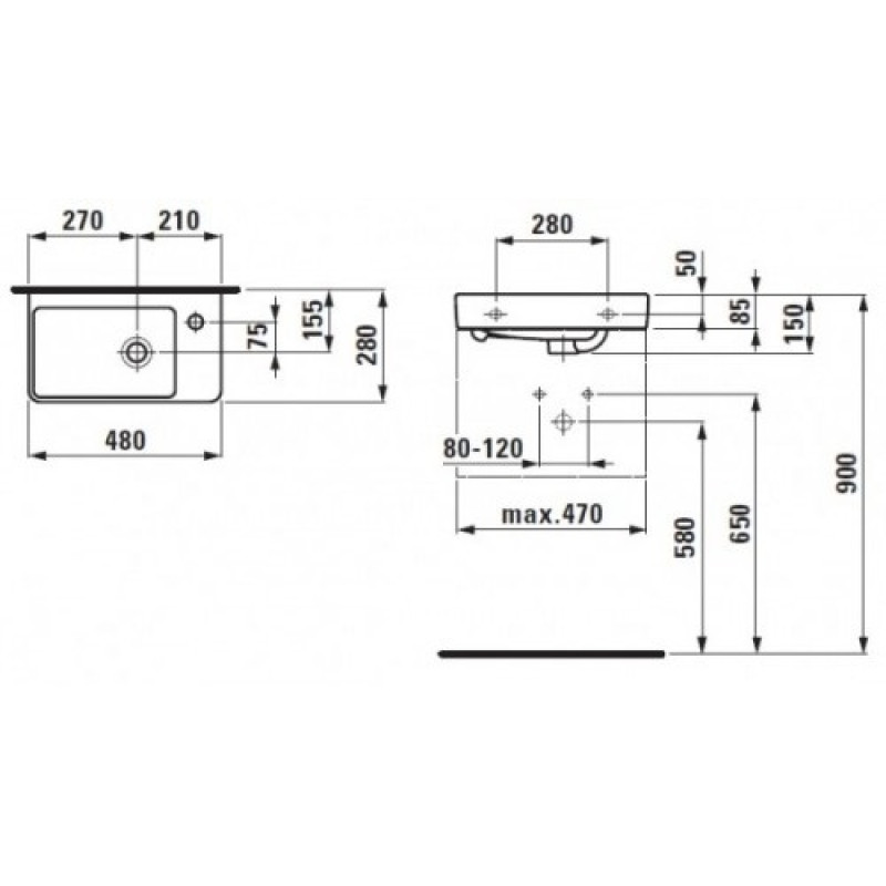 Laufen PRO S мiнi раковина, асиметрична, лiва 48*28см, без отвору пiд змiшувач, (H8159550001091)