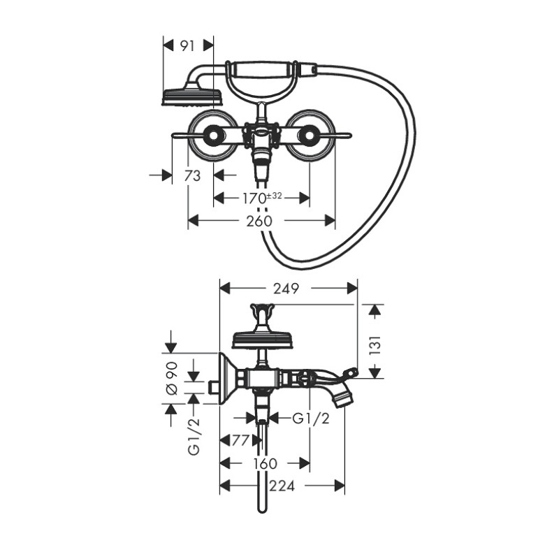 Axor Montreux Смеситель для ванны, двухвентильный, с двумя рычажными рукоятками, ВМ, цвет покрытия шлифованная бронза, (16551140)