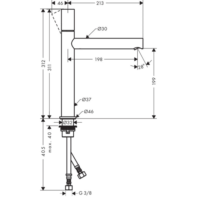 Axor Uno Змiшувач для умивальника 200, одноважiльний, з рукояткою Zero, зi зливним набором, що не замикається, (45003000)