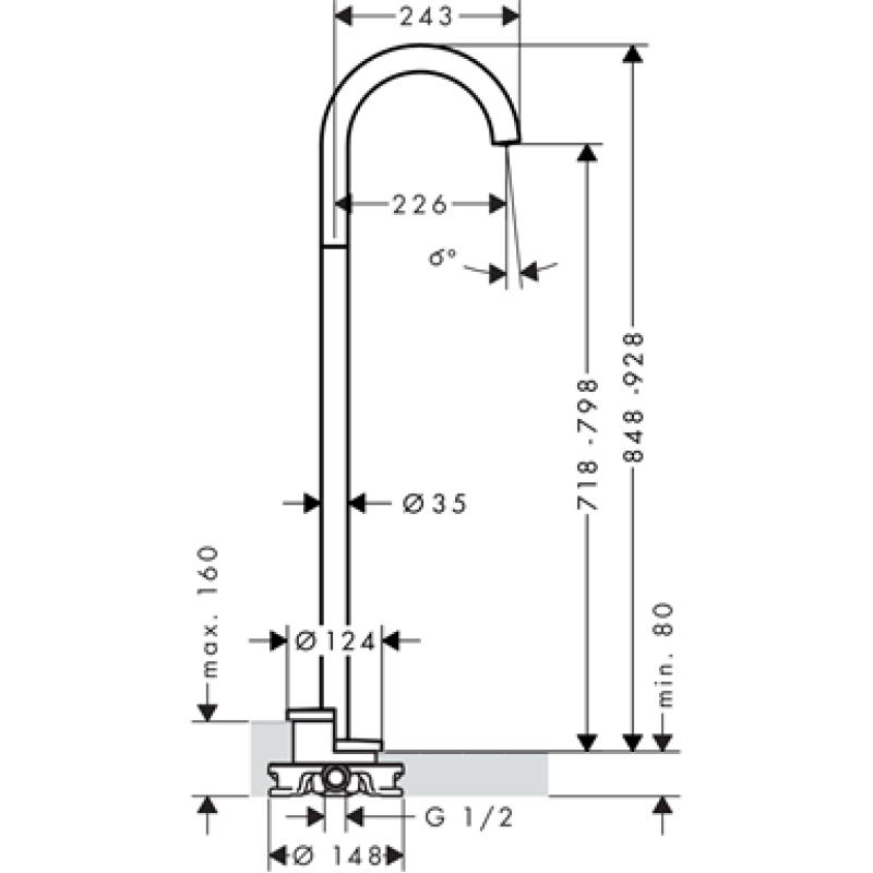 Axor Uno Вилив для ванни, підлоговий, вигнутий, хром, (38412000)