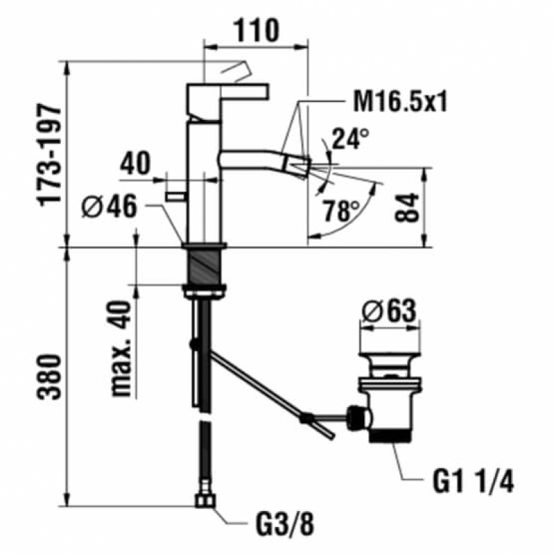 Laufen KARTELL змішувач для біде, одноважільний, з рухомим регулятором потоку, з донним клапаном, (H3413310041011)