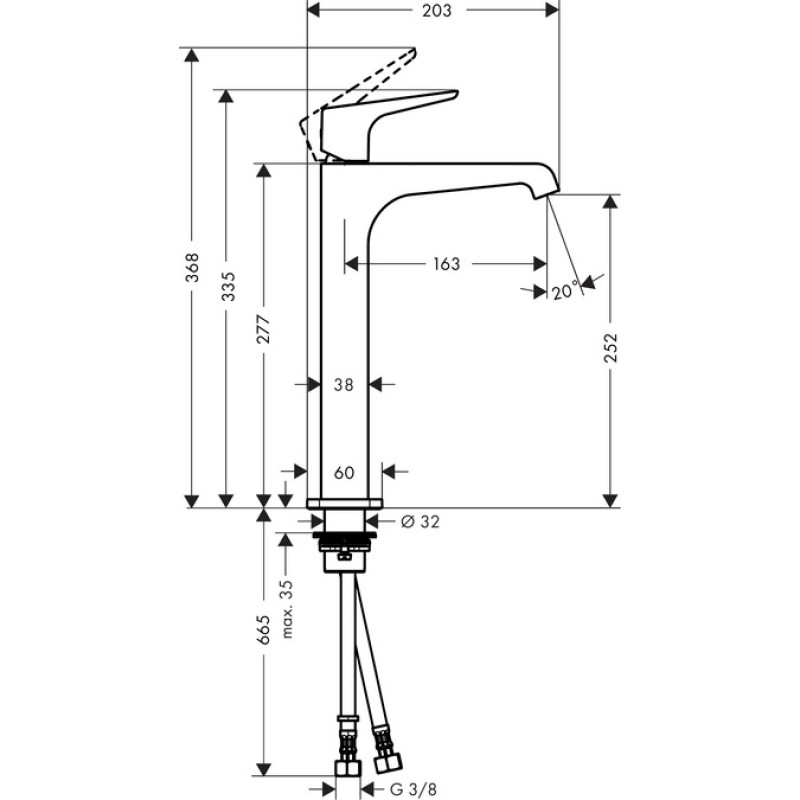 Axor Citterio E Смеситель для умывальника в форме таза 280, однорычажный, с рычажной рукояткой, неперекр. сливной гарнитур, хром, (36113000)