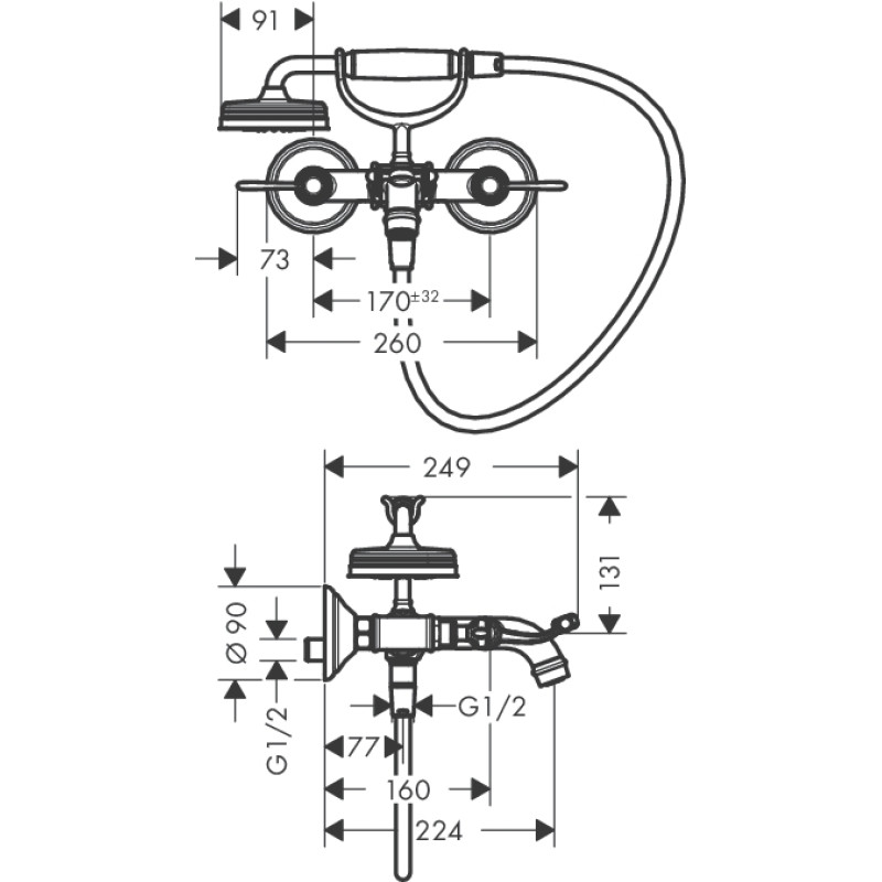 Axor Montreux Змішувач для ванни, двухвентильний, з двома ричаговими руків`ям, ВМ, (16551000)