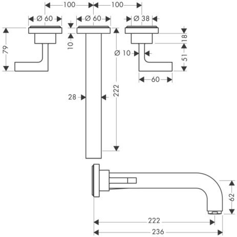 Axor Citterio Смеситель для раковины, на 3 отверстия, двухвентильный, настенный, (39147000)