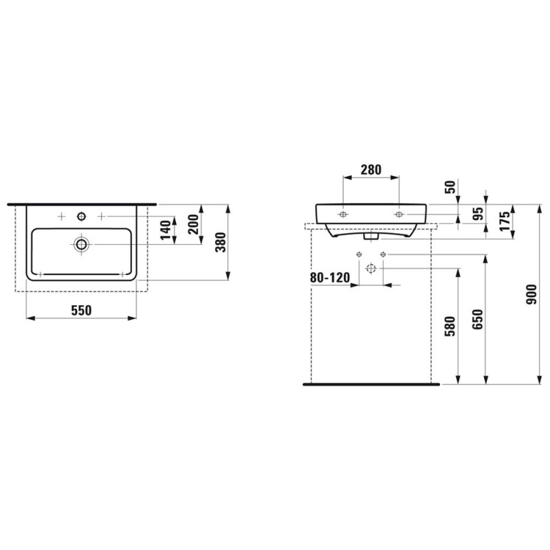 Laufen PRO S Compact умивальник 55*38см, з 1м отв. пiд змiшувач, без отв. переливу, вiдшлiфована нижня поверхня, монт. зверху, (H8179580001561)
