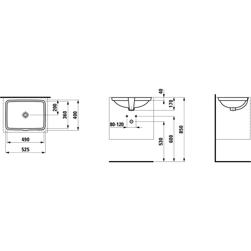 Laufen PRO умивальник 49*36см, вбуд. знизу, без отв. пiд змiшувач, з вiдшлiфованною нижньою поверхнею, з отв. переливу, (H8119614001091)
