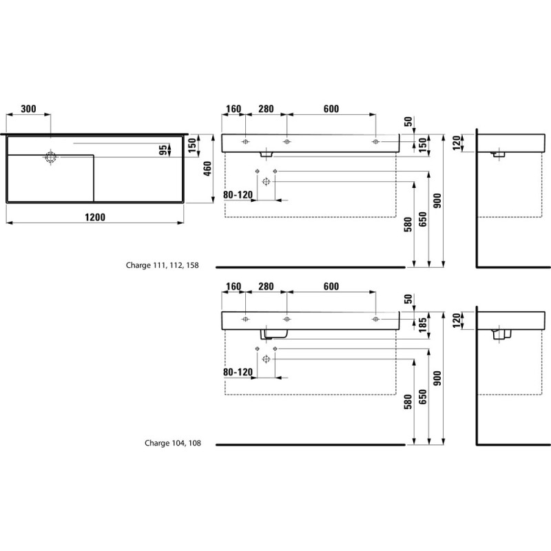 Laufen KARTELL умивальник 120*46*12см, поличка праворуч, без отвору пiд змiшувач, без отвору переливу, (H8133320001121)