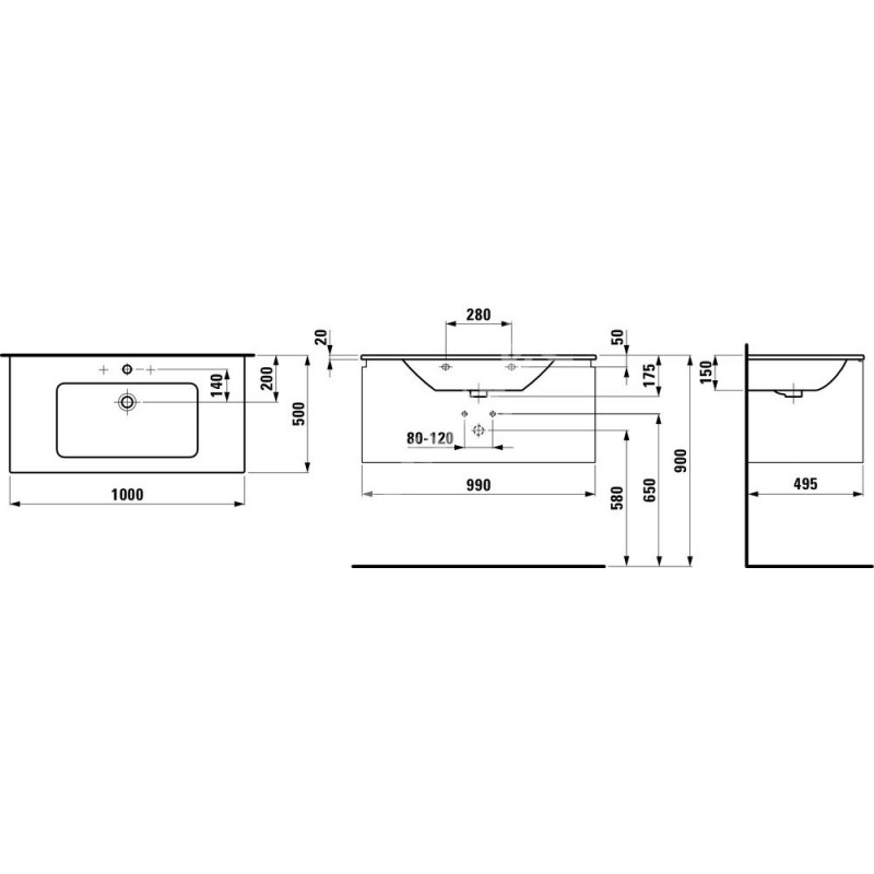 Laufen PRO S тумба 100*50см, з раковиною, з 1м отв. пiд змiшувач посерединi, з висувним ящичком, колiр сiрий графiт, (H8609654801041)